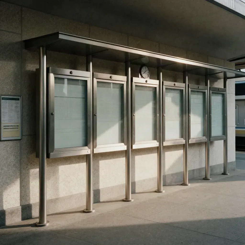 Kiosque d’horaires en gare, panneaux numériques vides, horloge ronde et poteaux alignés dans une légère brume.