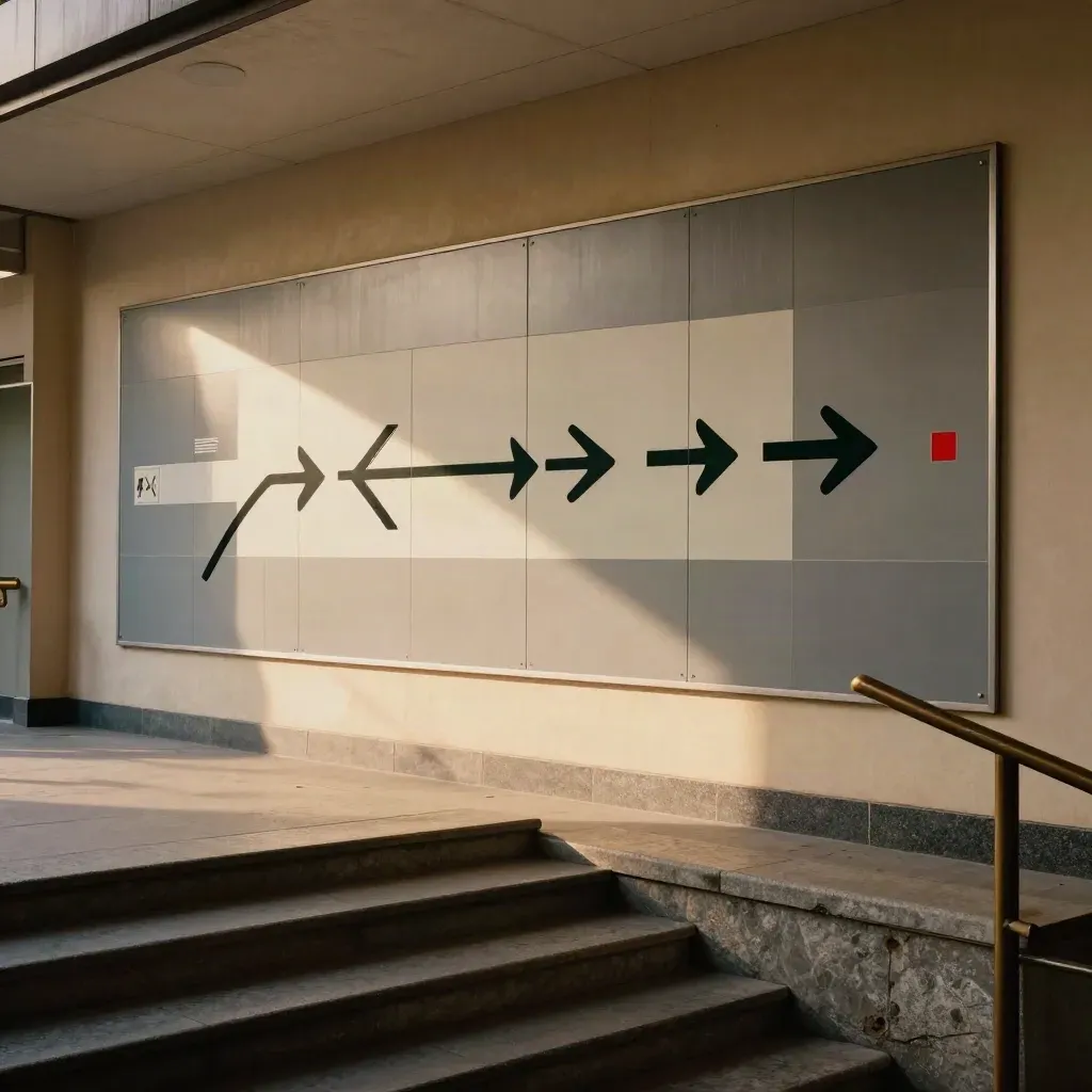 Mur de plan de station, escalier et flèches de sortie dans une lumière chaude.