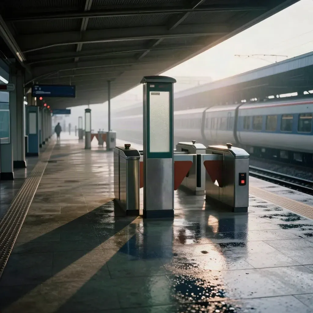Concourse de gare vide au lever du jour, totem d’itinéraires et quai mouillé dans la brume.