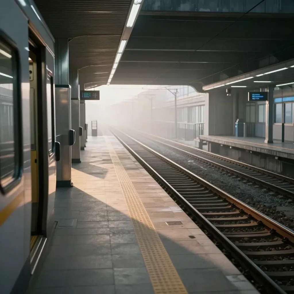 Quai de métro vide à l’aube avec portillons, pylônes et rails dans une légère brume.