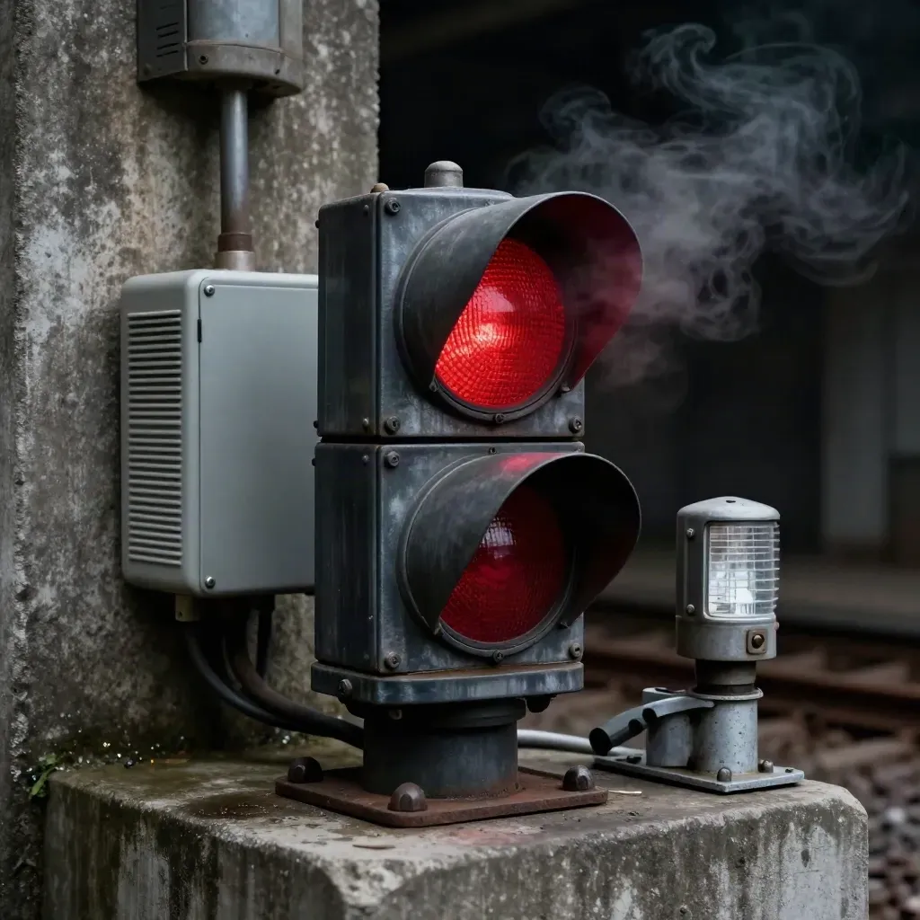 Gros plan d’un boîtier d’alerte ferroviaire avec voyant rouge allumé et vapeur légère.