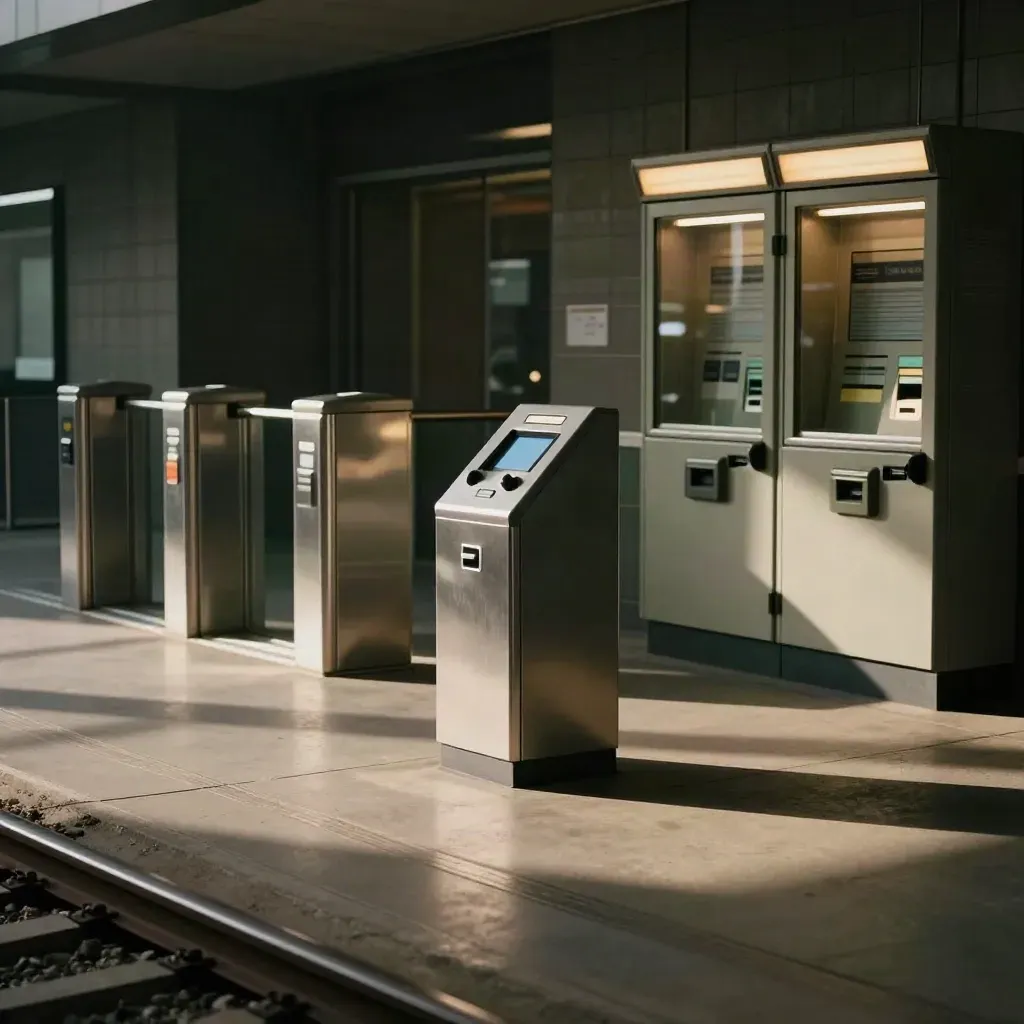 Coin d’aide ticket dans une gare sombre, bornes de paiement et portiques sous lumière dramatique.