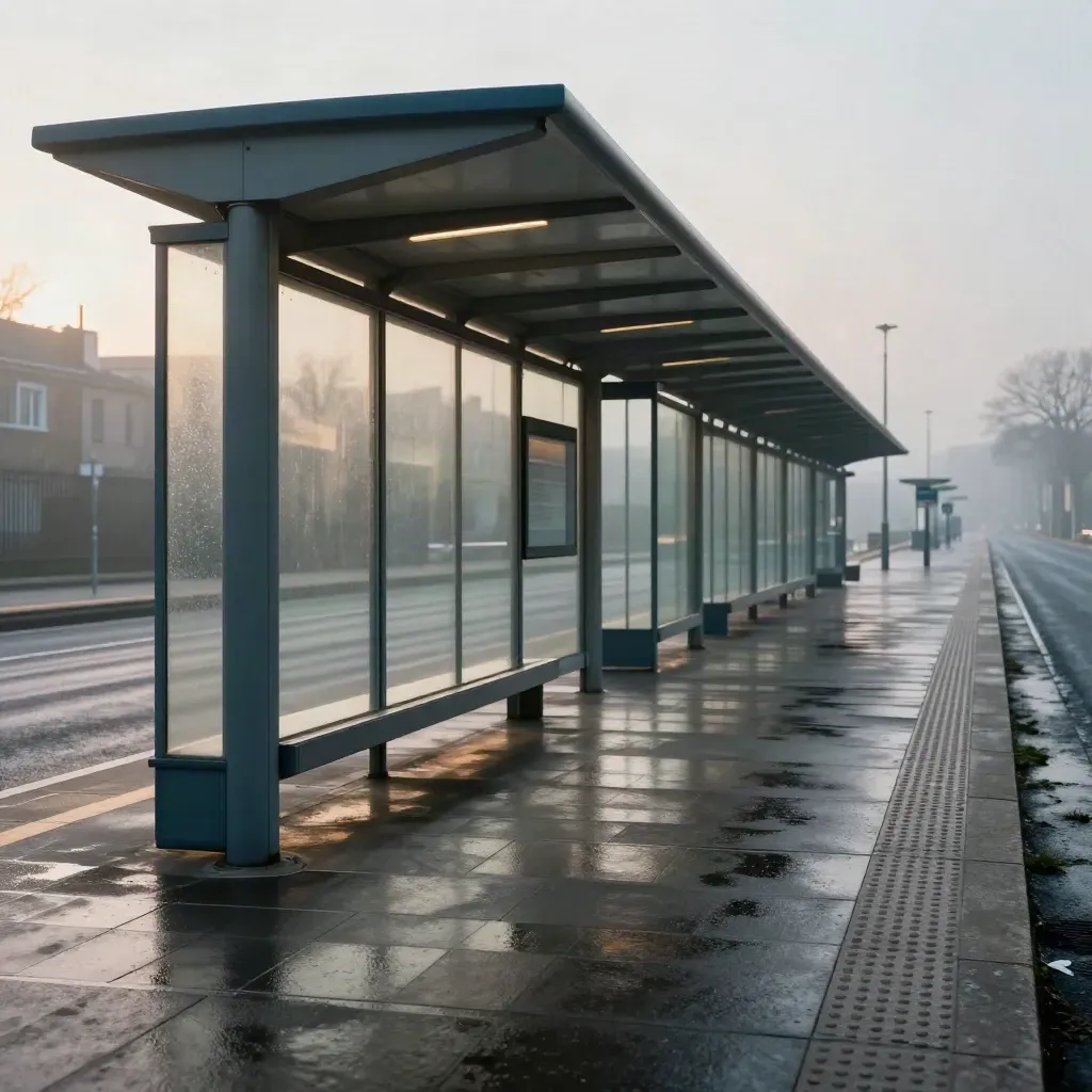 Parvis d’échange bus à Lille, abribus alignés et sol humide dans une lumière douce.