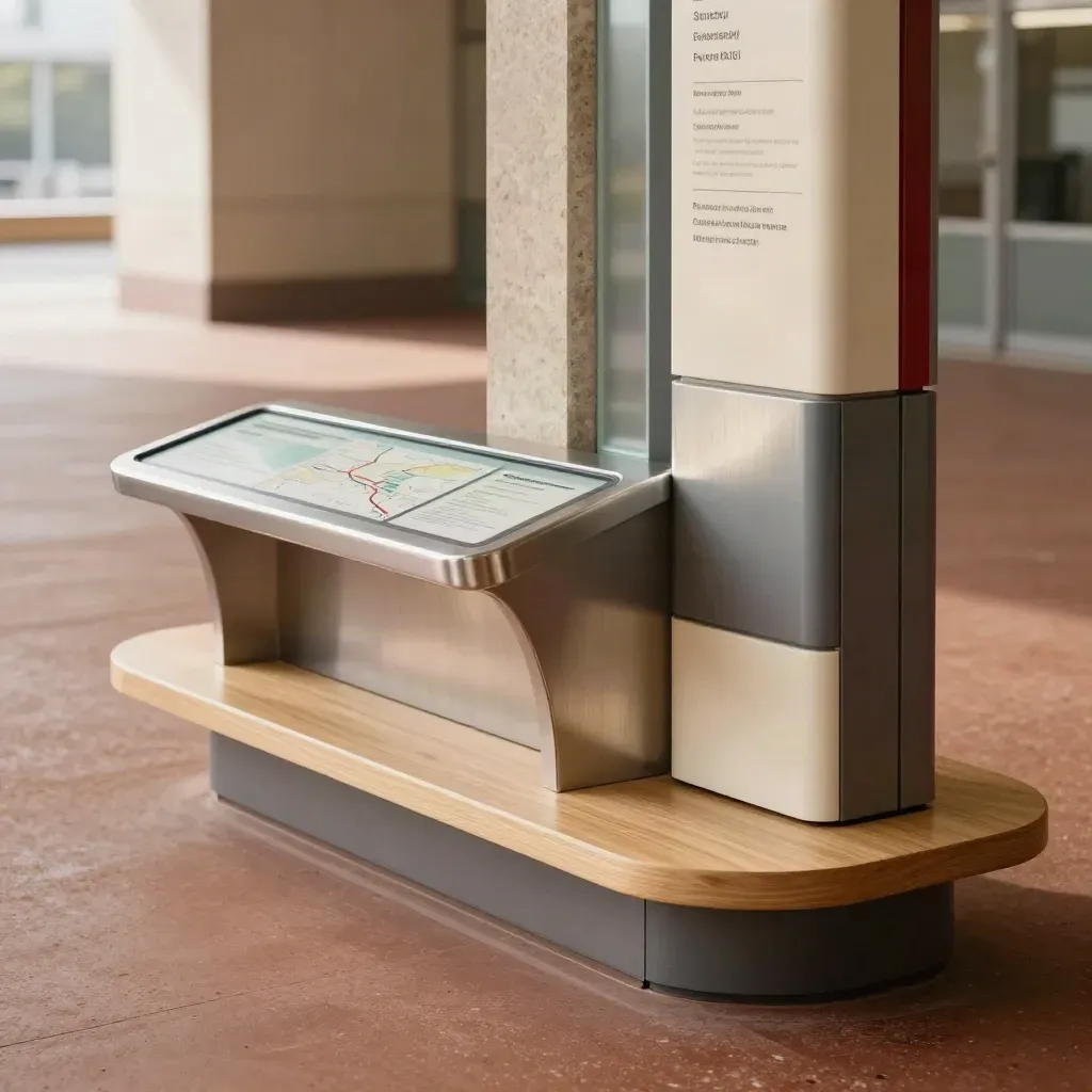 Comptoir d’assistance urbain avec pilier réseau et blocs d’orientation en station.