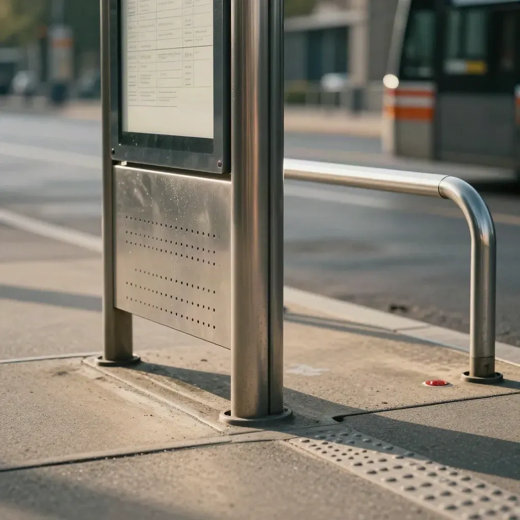 Gros plan d’un arrêt navette à Toulouse avec poteaux, râteliers vélos et quai abrité.