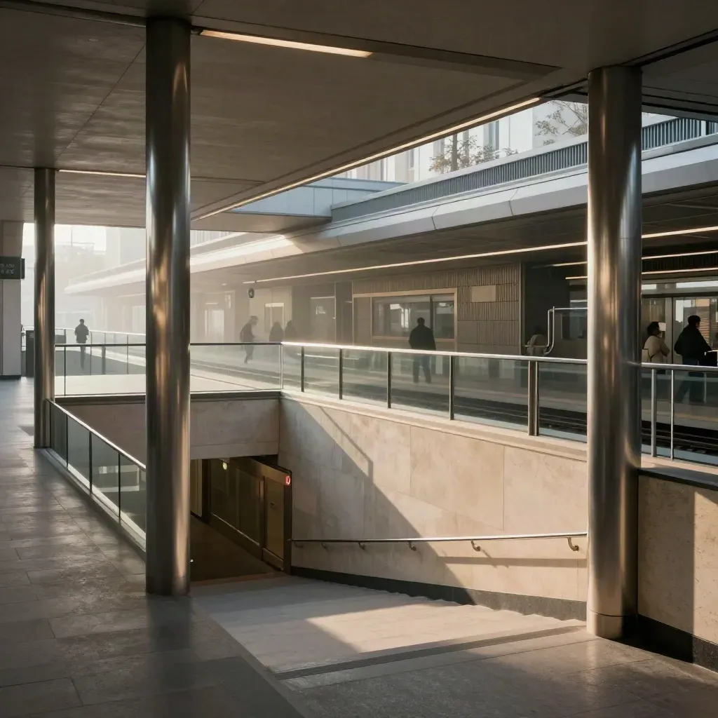 Concourse rénové du métro de Lyon avec colonnes lumineuses et quai sous la verrière.