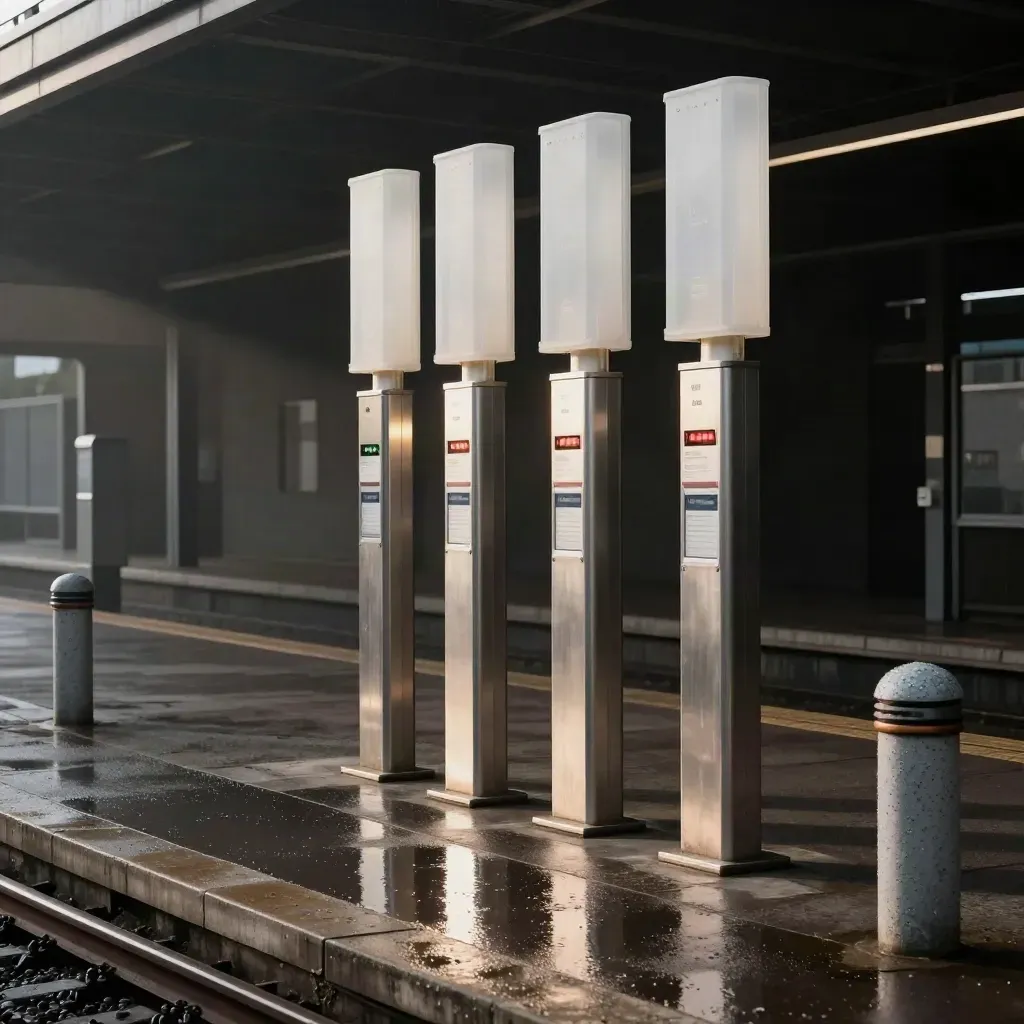 Zone d’alerte de gare à Reims, bornes lumineuses et sol mouillé sous la pluie.