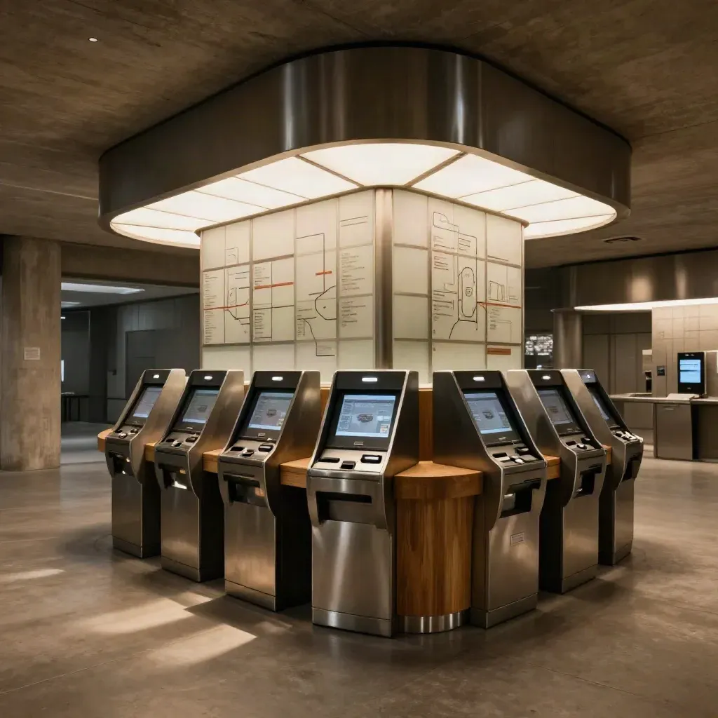Intérieur du hub mobilité de Nantes avec bornes, îlot d’aide et panneaux de routes abstraits.