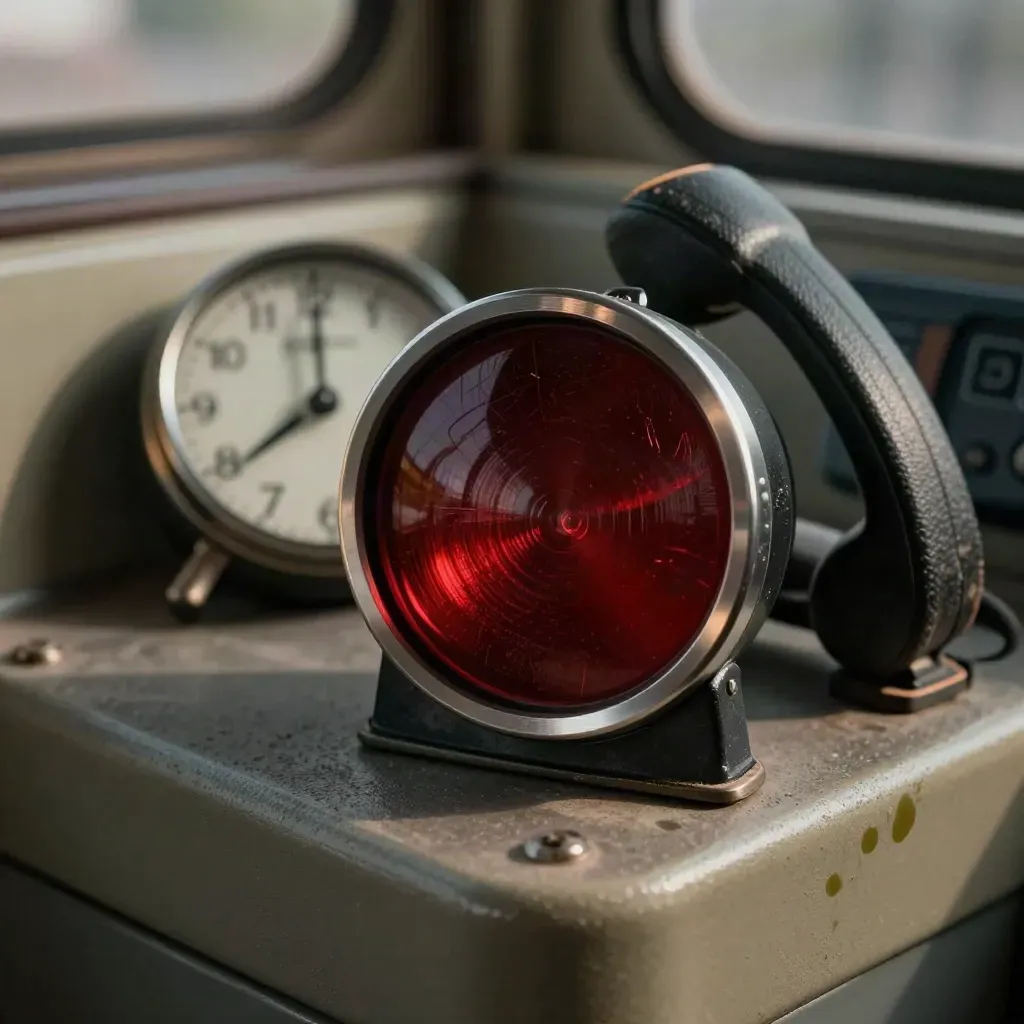 Gros plan d’un feu rouge de signalisation, horloge compacte et socle radio sur console de dispatch.