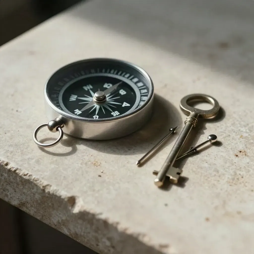 Boussole de transit, clé de signalisation et épingles de ligne sur une table en pierre.