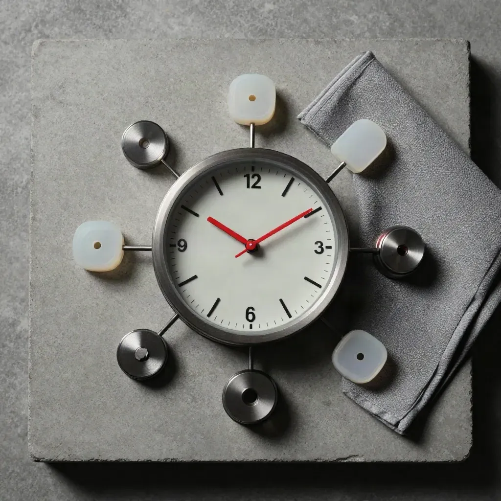Flatlay de contrôle mensuel avec horloge de service, module lumineux, galet d’étalonnage et chiffon gris.