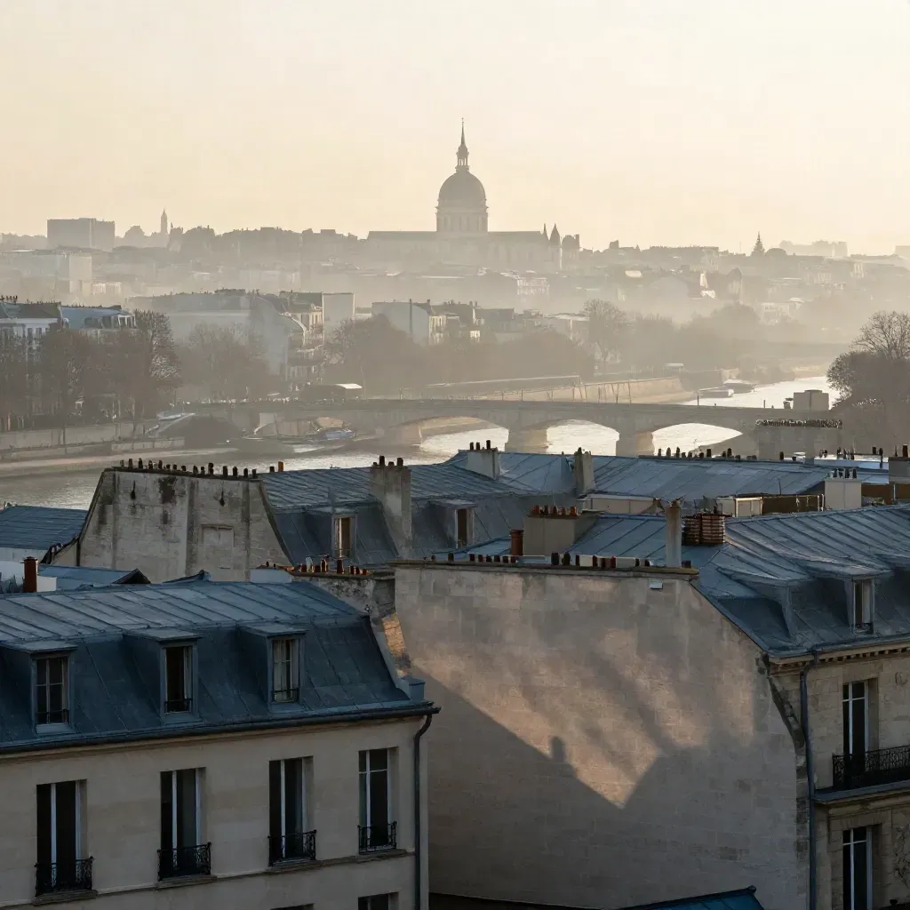 Panorama brumeux de l’Île-de-France avec toits parisiens, ponts et dôme au lever du jour.