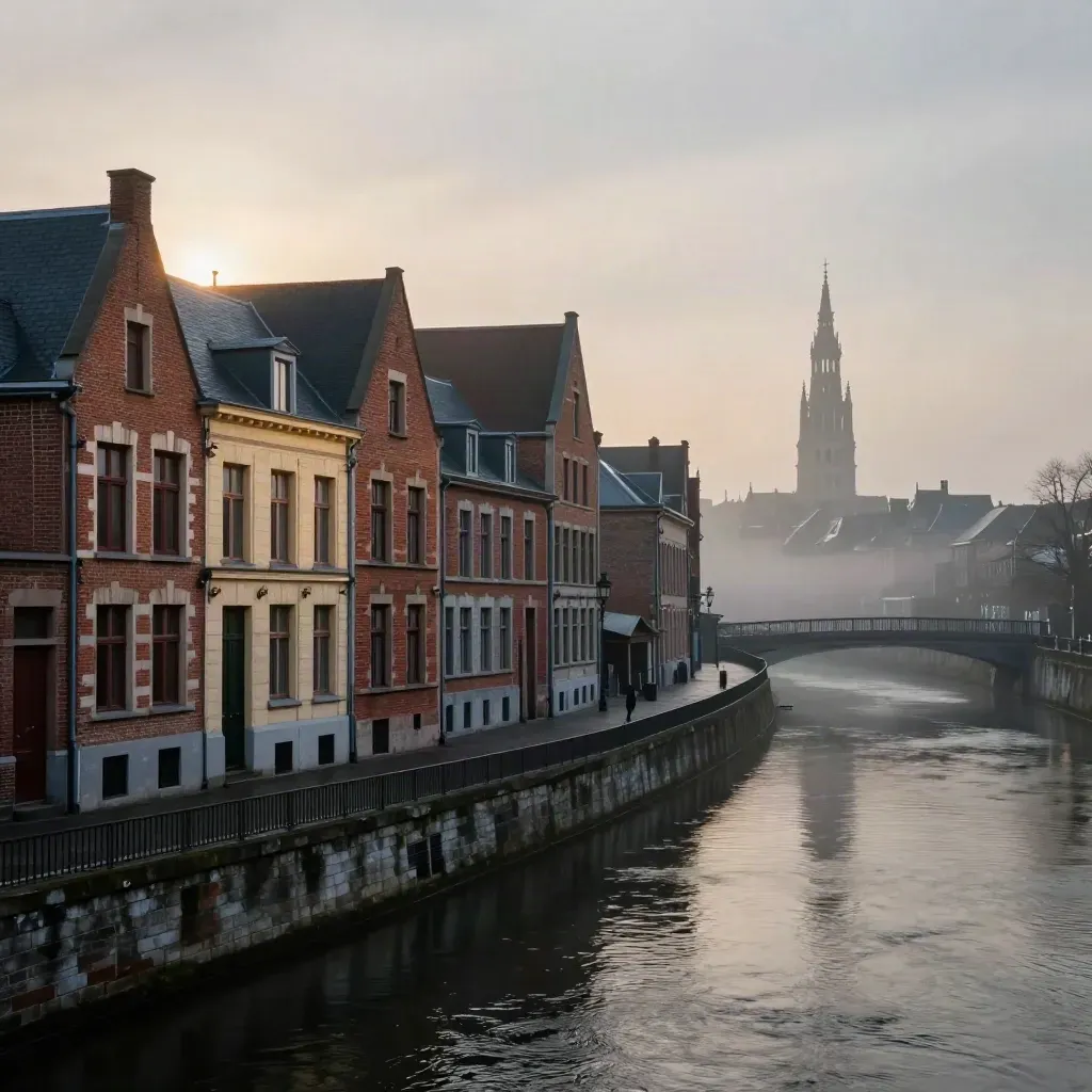 Vue brumeuse de Lille au lever du jour, beffroi au loin et quais calmes sous la lumière chaude.