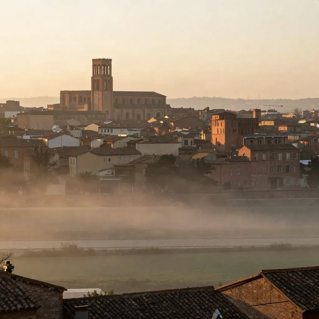 Vue de toits toulousains en terre cuite sous une lumière dorée, clocher lointain et brume douce.