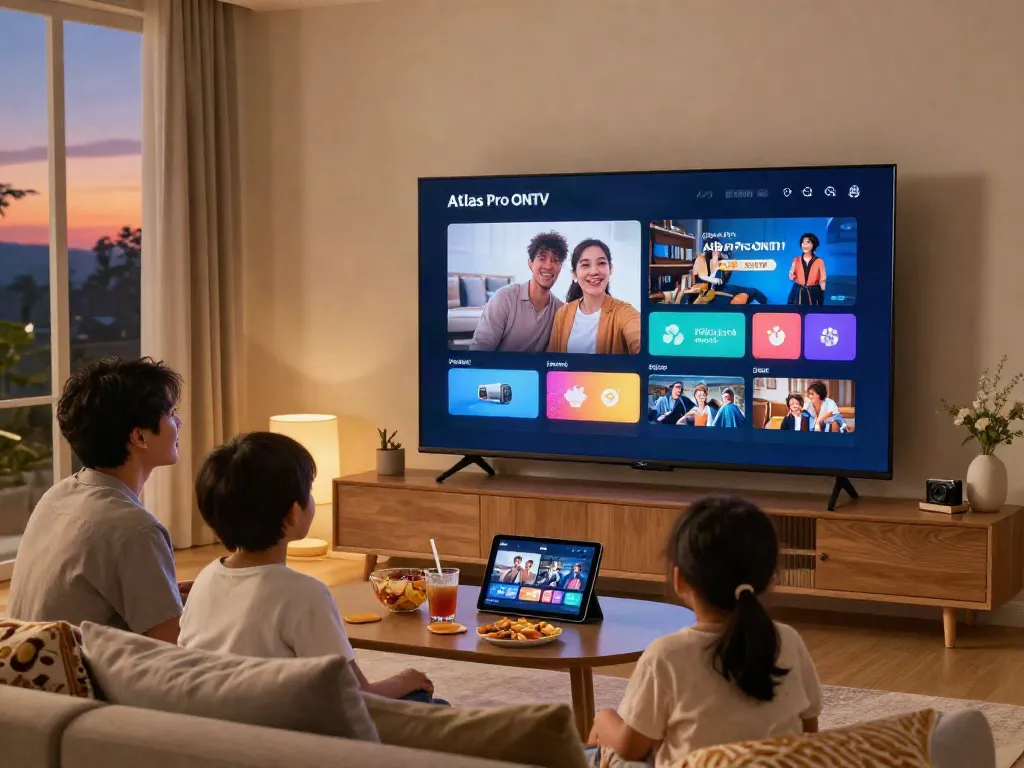 Famille profitant d'Atlas Pro ONTV dans un salon moderne, ambiance chaleureuse.